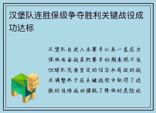 汉堡队连胜保级争夺胜利关键战役成功达标