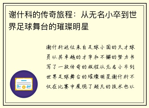谢什科的传奇旅程：从无名小卒到世界足球舞台的璀璨明星